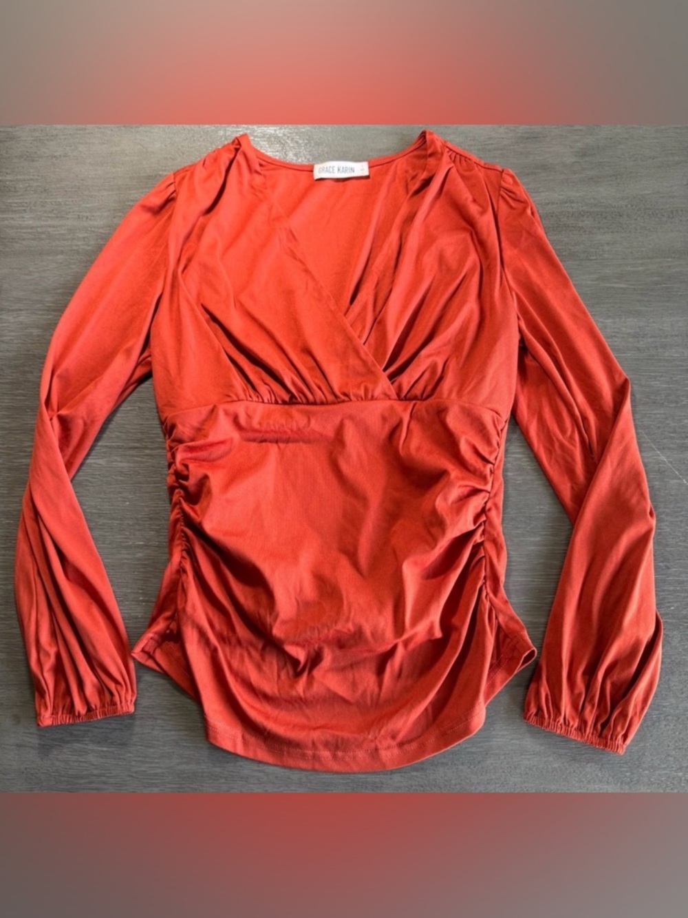 Grace Karin Burnt Orange Ruched Long Sleeve V Neck Shirt Blouse S
